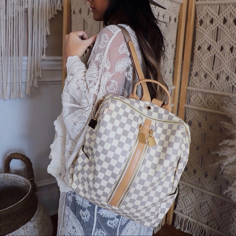 The Luxe Checkered Backpack Purse - Cream *NWT*